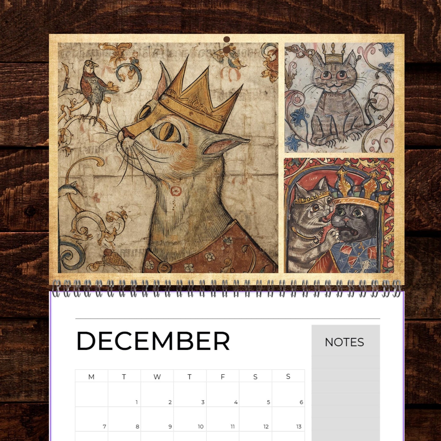 Medieval Cats with Crowns Calendar 2026, Quirky Weird Art Gift, Funny Historical Cat Artwork