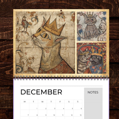 Medieval Cats with Crowns Calendar 2026, Quirky Weird Art Gift, Funny Historical Cat Artwork