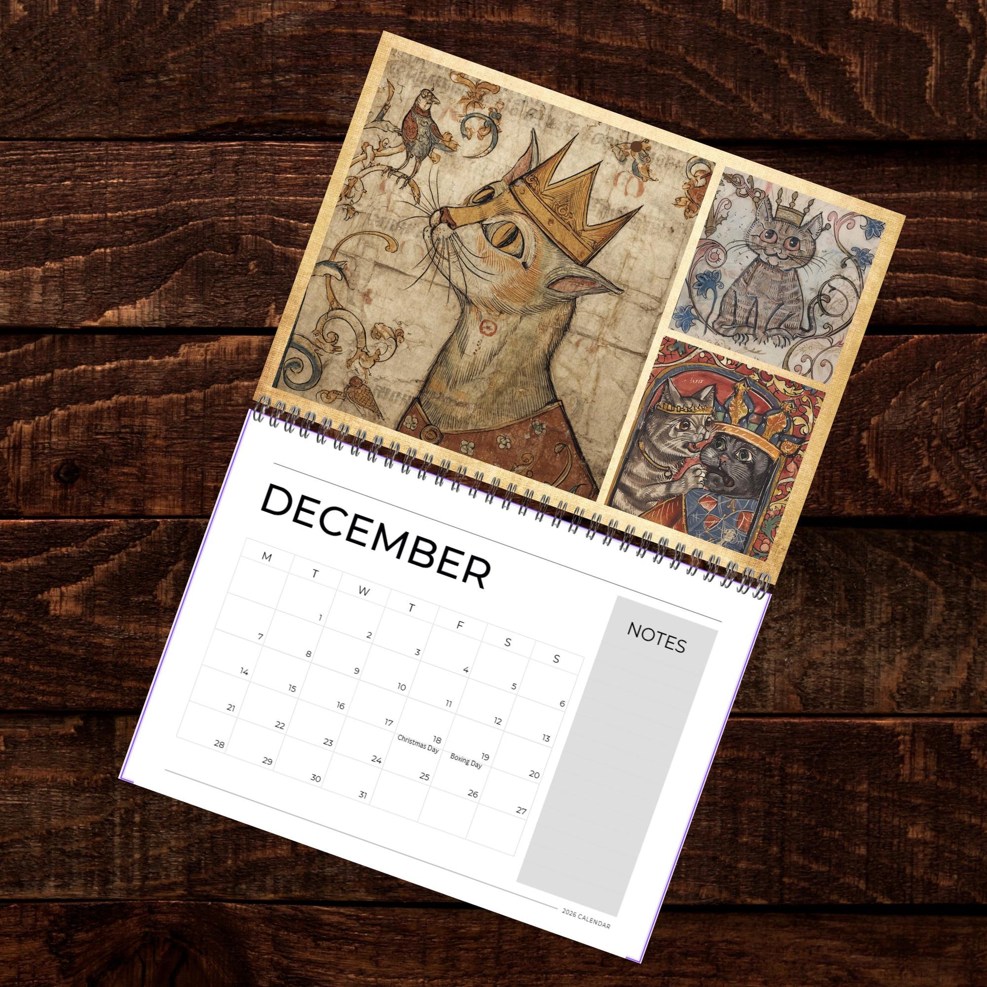 Medieval Cats with Crowns Calendar 2026, Quirky Weird Art Gift, Funny Historical Cat Artwork