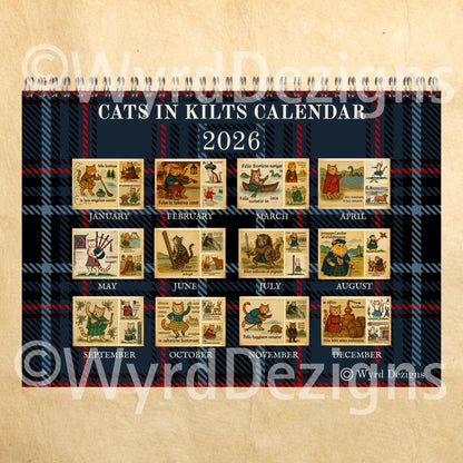 Cats in Kilts 2026 Calendar – Funny Scottish Cats Calendar A5 | Highland Historical Figures - Wyrd Dezigns