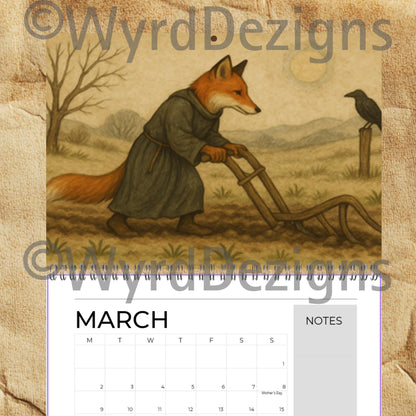 Monastic Fox Calendar 2026 A4 | Medieval Animal Art Wall | Whimsical Fox Monk Illustration Gift - Wyrd Dezigns