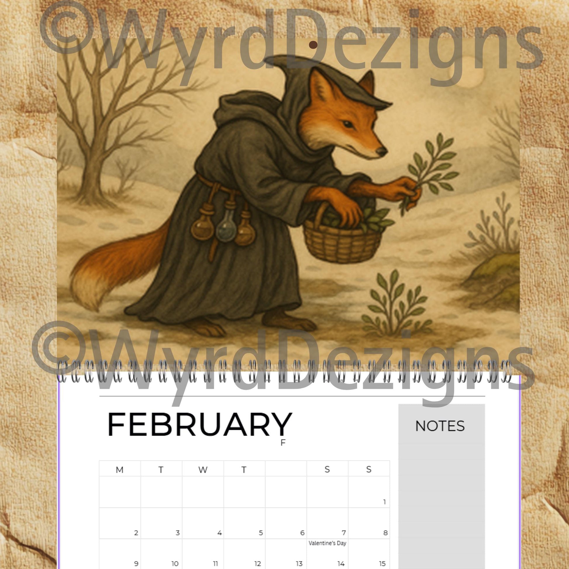 Monastic Fox Calendar 2026 A4 | Medieval Animal Art Wall | Whimsical Fox Monk Illustration Gift - Wyrd Dezigns