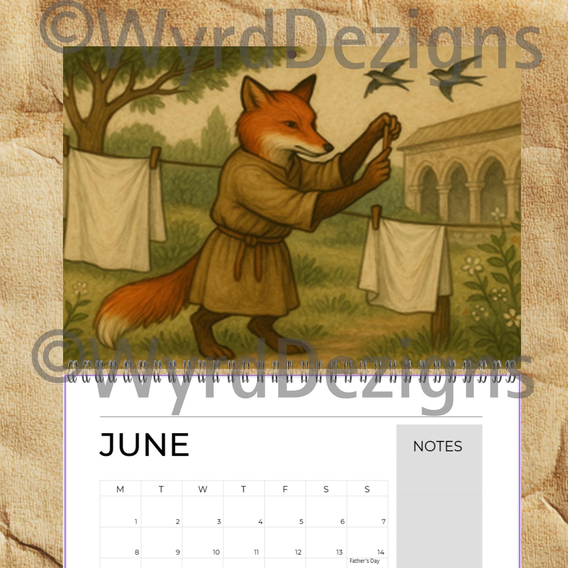 Monastic Fox Calendar 2026 A4 | Medieval Animal Art Wall | Whimsical Fox Monk Illustration Gift - Wyrd Dezigns