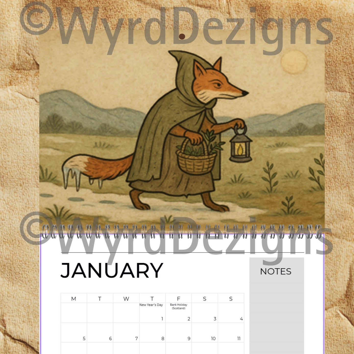 Monastic Fox Calendar 2026 A4 | Medieval Animal Art Wall | Whimsical Fox Monk Illustration Gift - Wyrd Dezigns