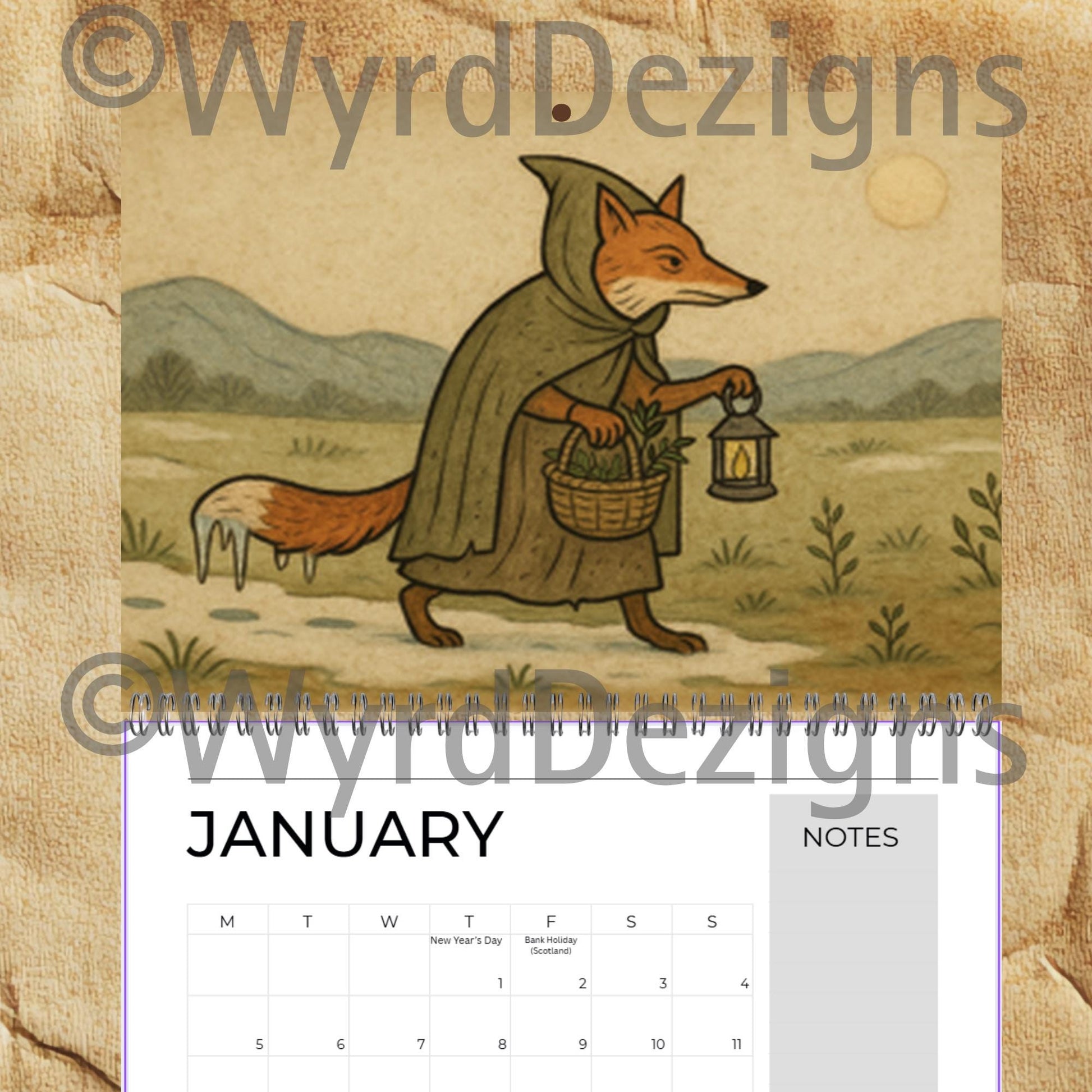 Monastic Fox Calendar 2026 A4 | Medieval Animal Art Wall | Whimsical Fox Monk Illustration Gift - Wyrd Dezigns