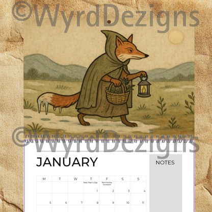 Monastic Fox Calendar 2026 A4 | Medieval Animal Art Wall | Whimsical Fox Monk Illustration Gift - Wyrd Dezigns