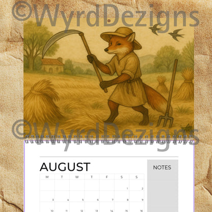 Monastic Fox Calendar 2026 A4 | Medieval Animal Art Wall | Whimsical Fox Monk Illustration Gift - Wyrd Dezigns