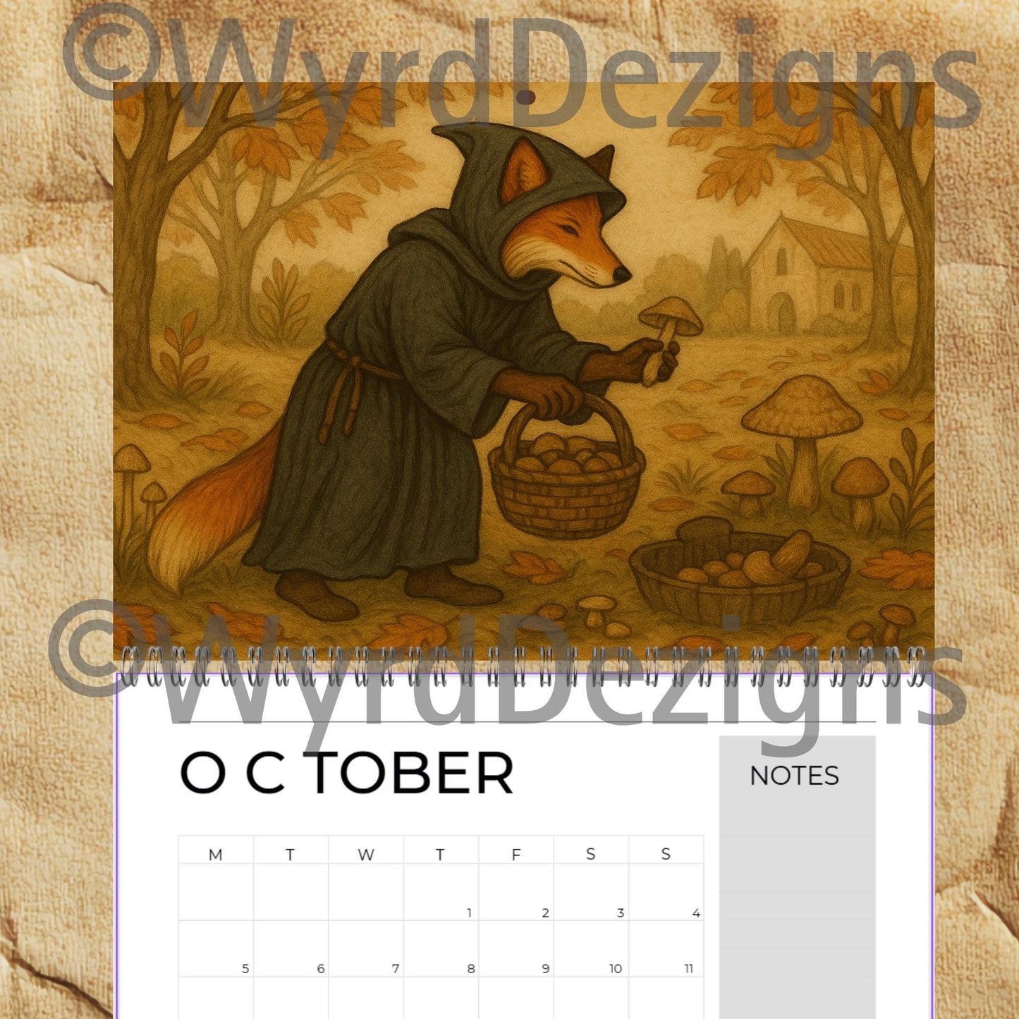 Monastic Fox Calendar 2026 A4 | Medieval Animal Art Wall | Whimsical Fox Monk Illustration Gift - Wyrd Dezigns