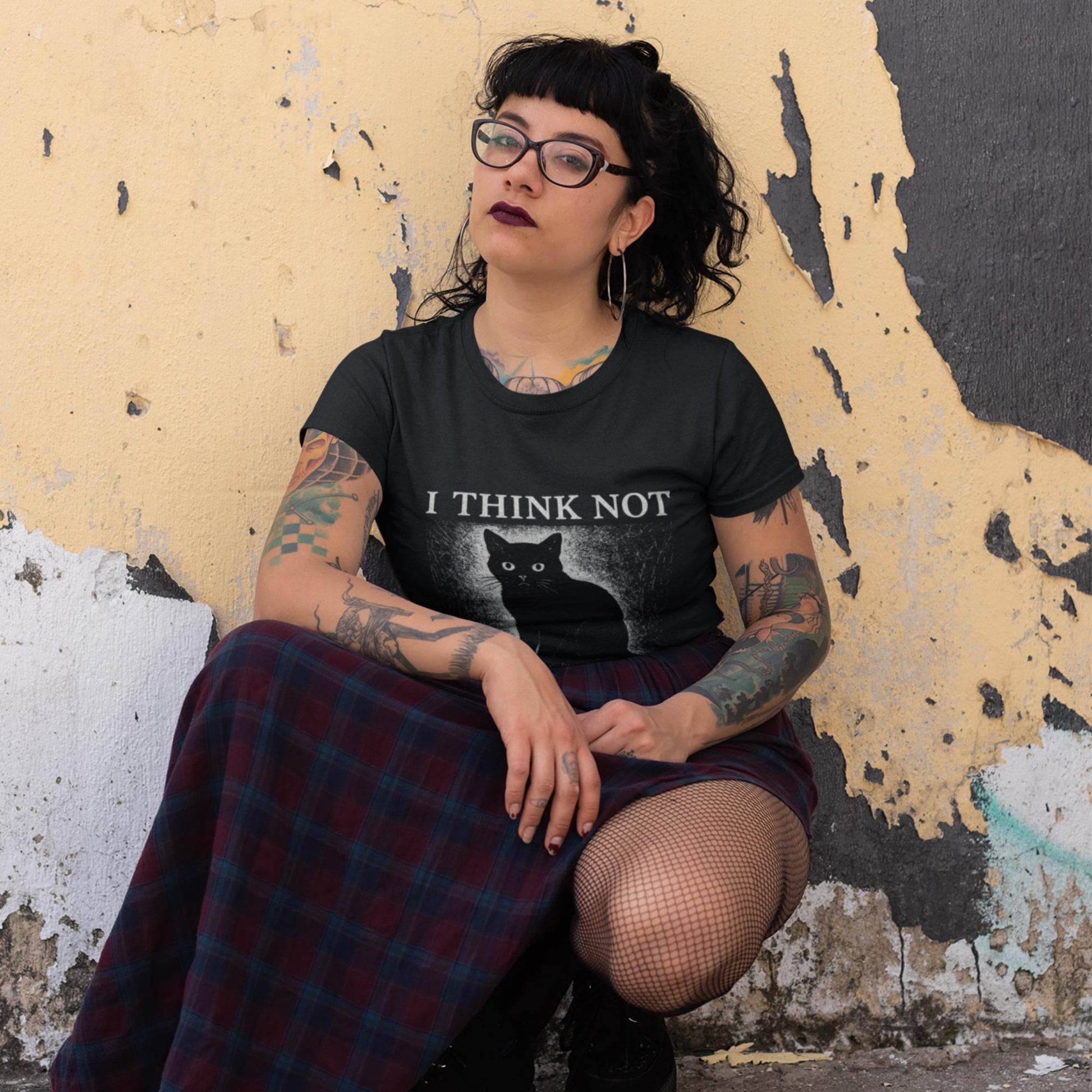 Funny Black Cat T-Shirt – I Think Not Philosophical Meme Tee, Absurdist Vintage Style - Wyrd Dezigns