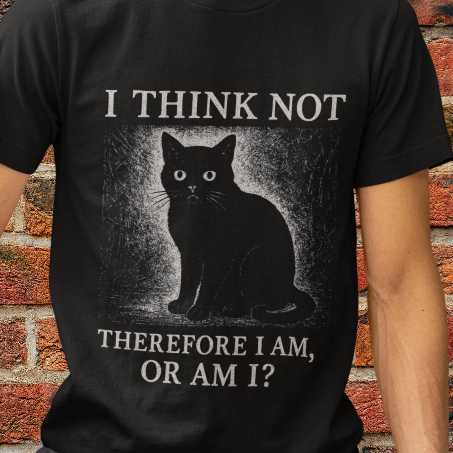 Funny Black Cat T-Shirt – I Think Not Philosophical Meme Tee, Absurdist Vintage Style - Wyrd Dezigns