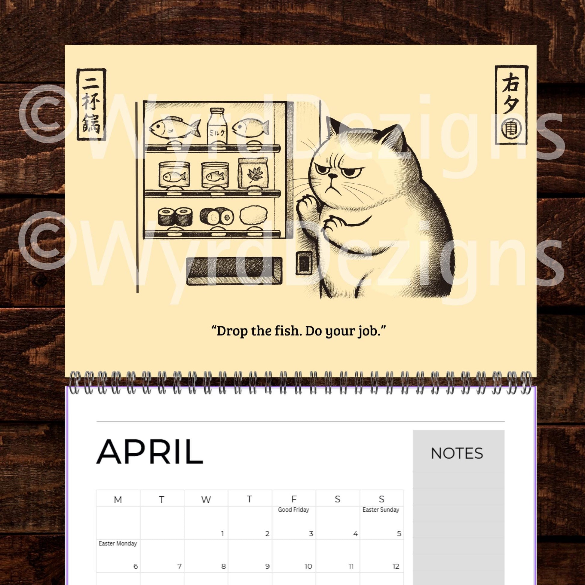 Ukiyo-e Grumpy Cat 2026 Calendar A4 | Funny Japanese Art Cat Lover Gift - Wyrd Dezigns