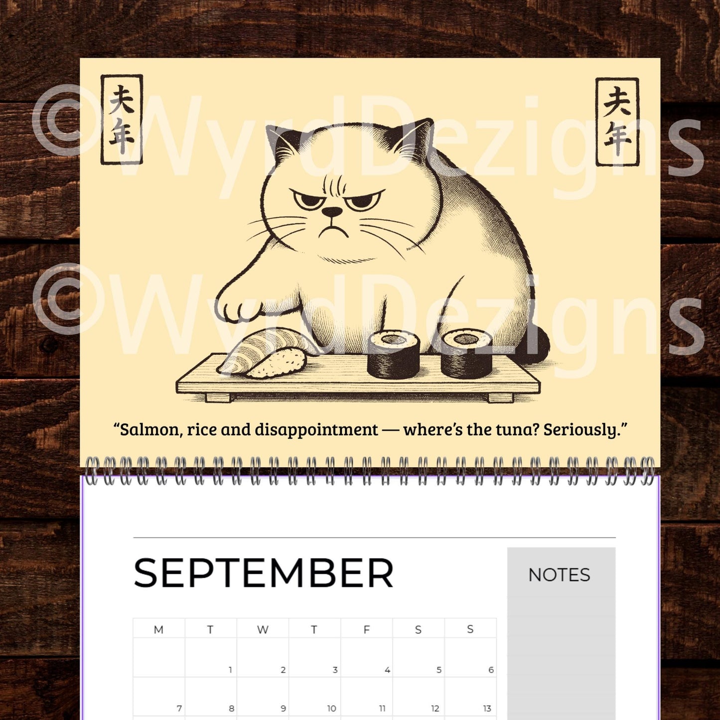 Ukiyo-e Grumpy Cat 2026 Calendar A4 | Funny Japanese Art Cat Lover Gift - Wyrd Dezigns