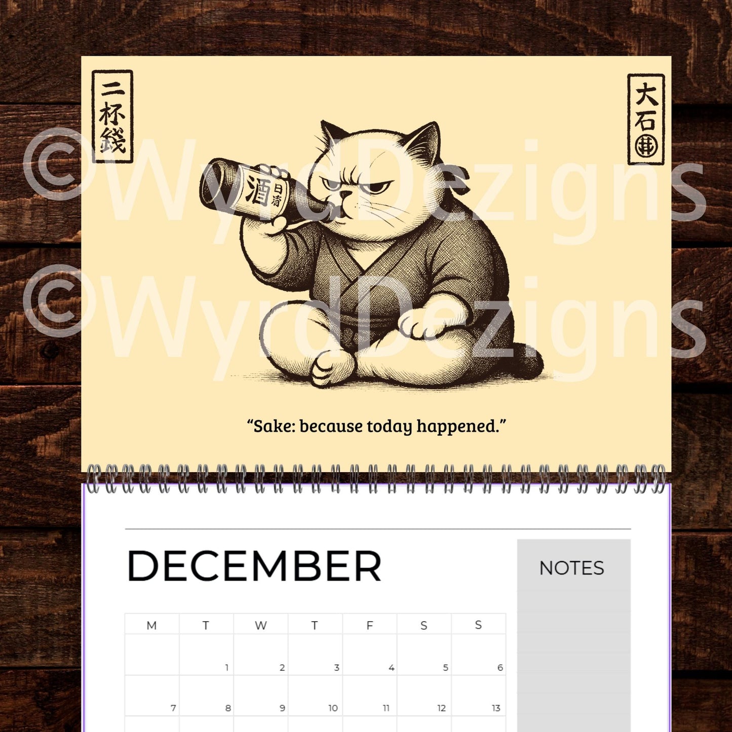 Ukiyo-e Grumpy Cat 2026 Calendar A4 | Funny Japanese Art Cat Lover Gift - Wyrd Dezigns