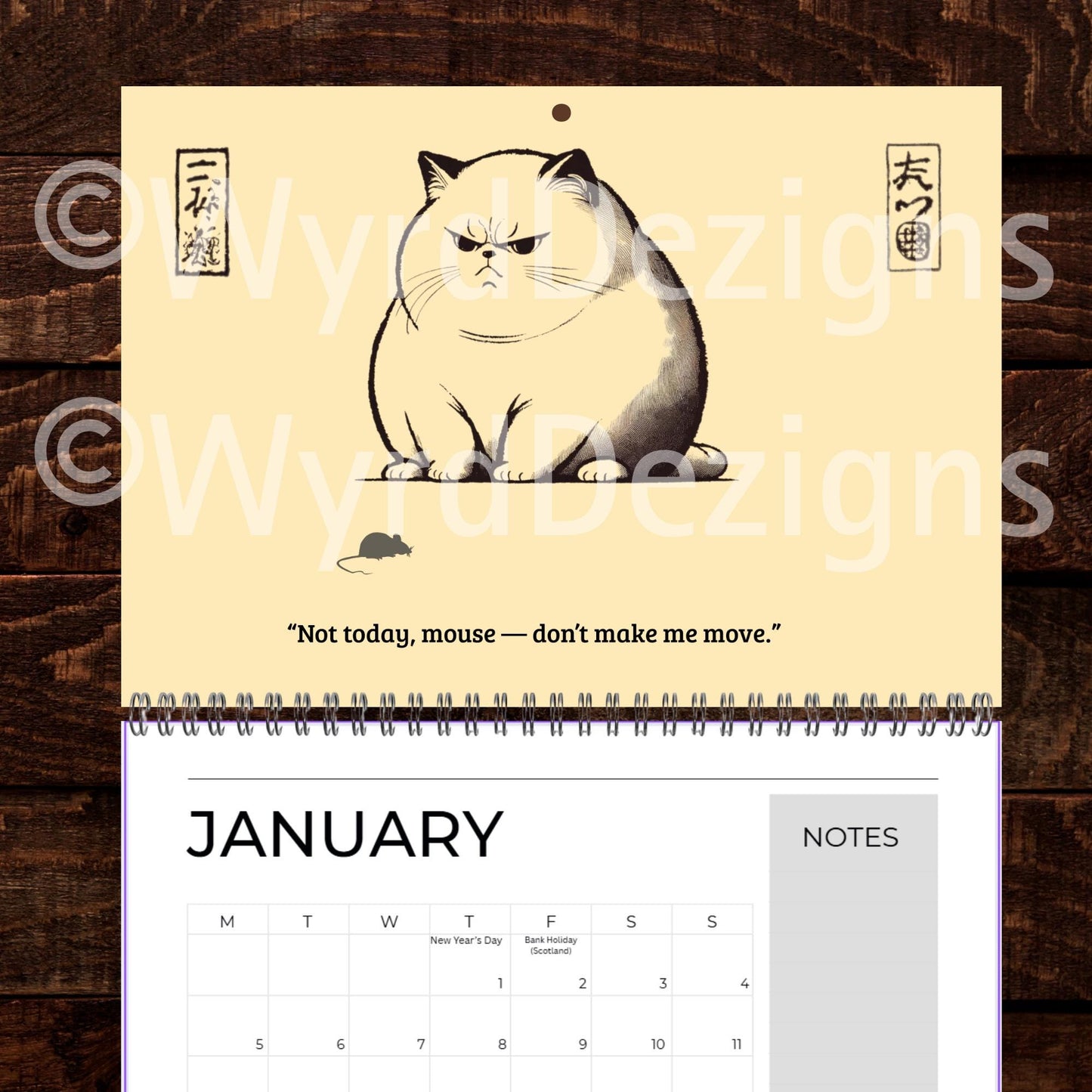 Ukiyo-e Grumpy Cat 2026 Calendar A4 | Funny Japanese Art Cat Lover Gift - Wyrd Dezigns