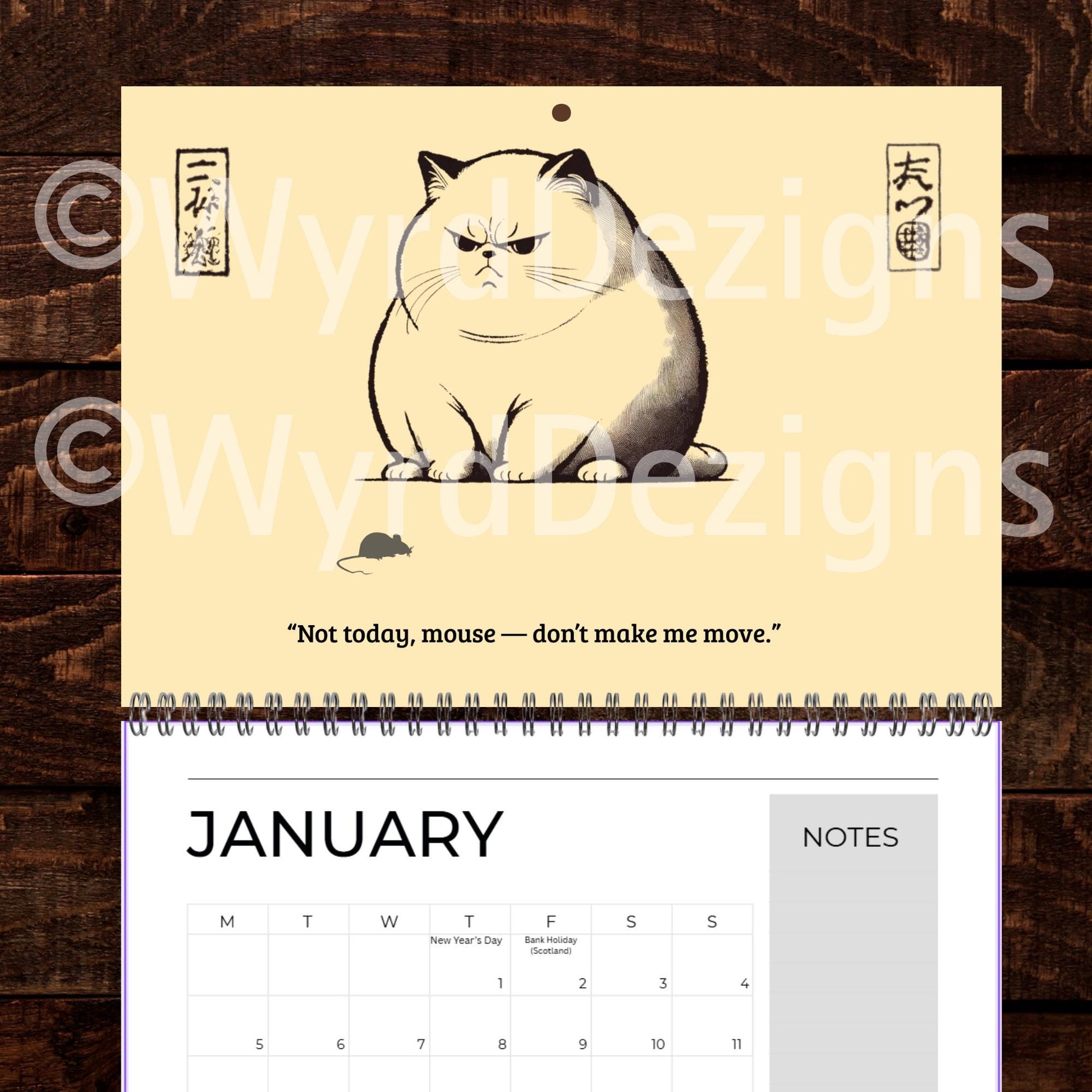 Ukiyo-e Grumpy Cat 2026 Calendar A4 | Funny Japanese Art Cat Lover Gift - Wyrd Dezigns