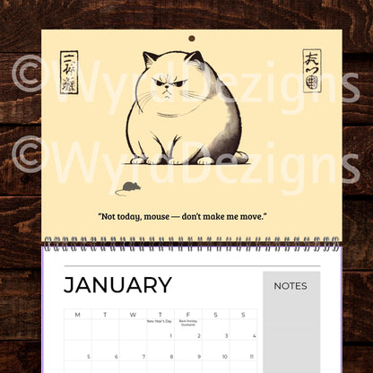 Ukiyo-e Grumpy Cat 2026 Calendar A4 | Funny Japanese Art Cat Lover Gift - Wyrd Dezigns