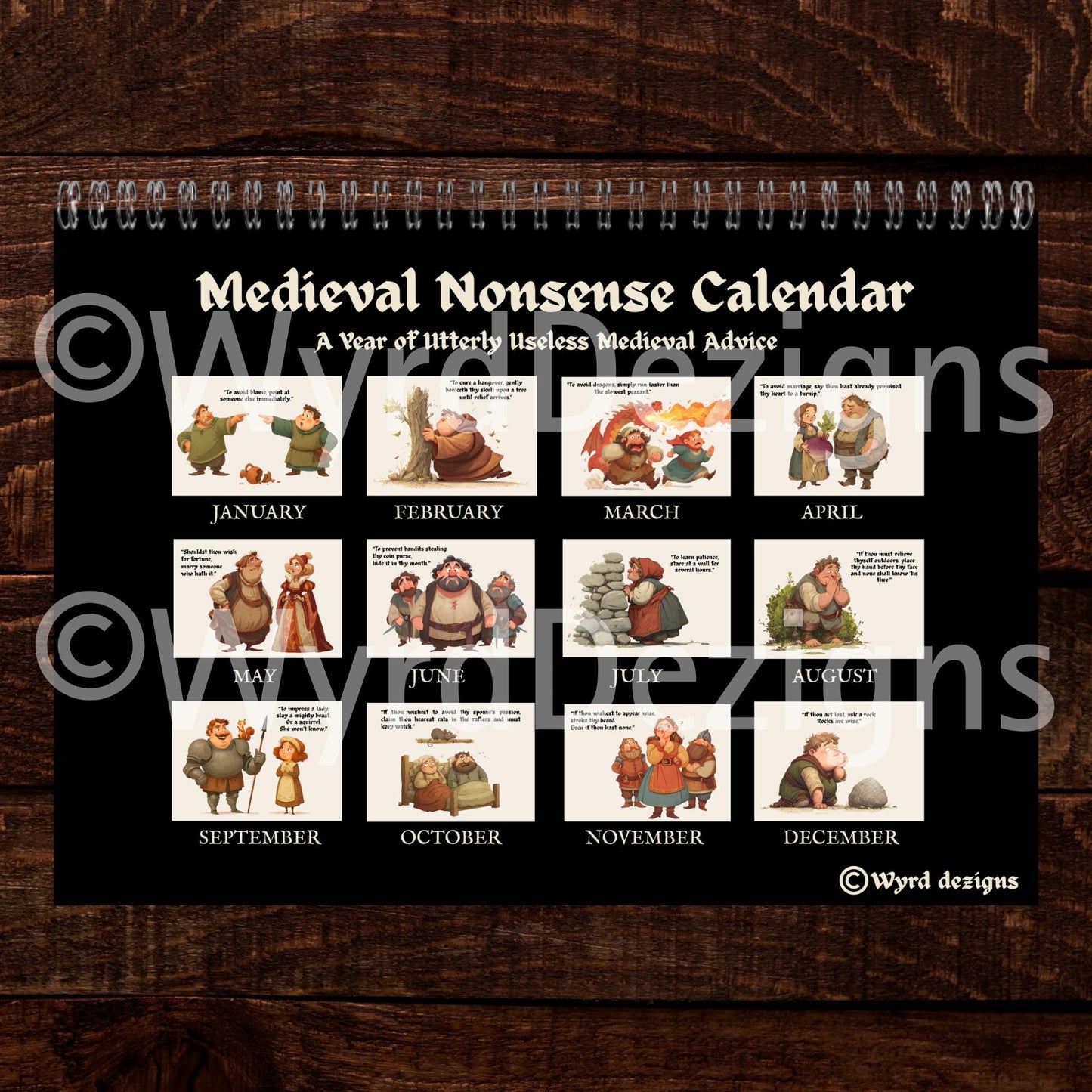 Medieval Nonsense Calendar 2026, Funny Quirky Illustrations, Useless Advice - Wyrd Dezigns