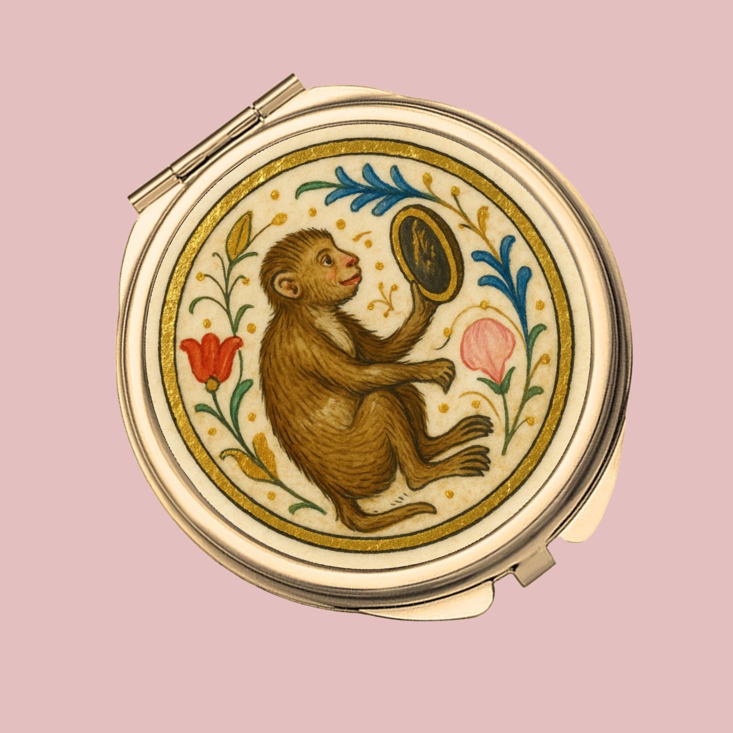 Round Compact Mirror - Classic Gold monkey mirror compact - Wyrd Dezigns