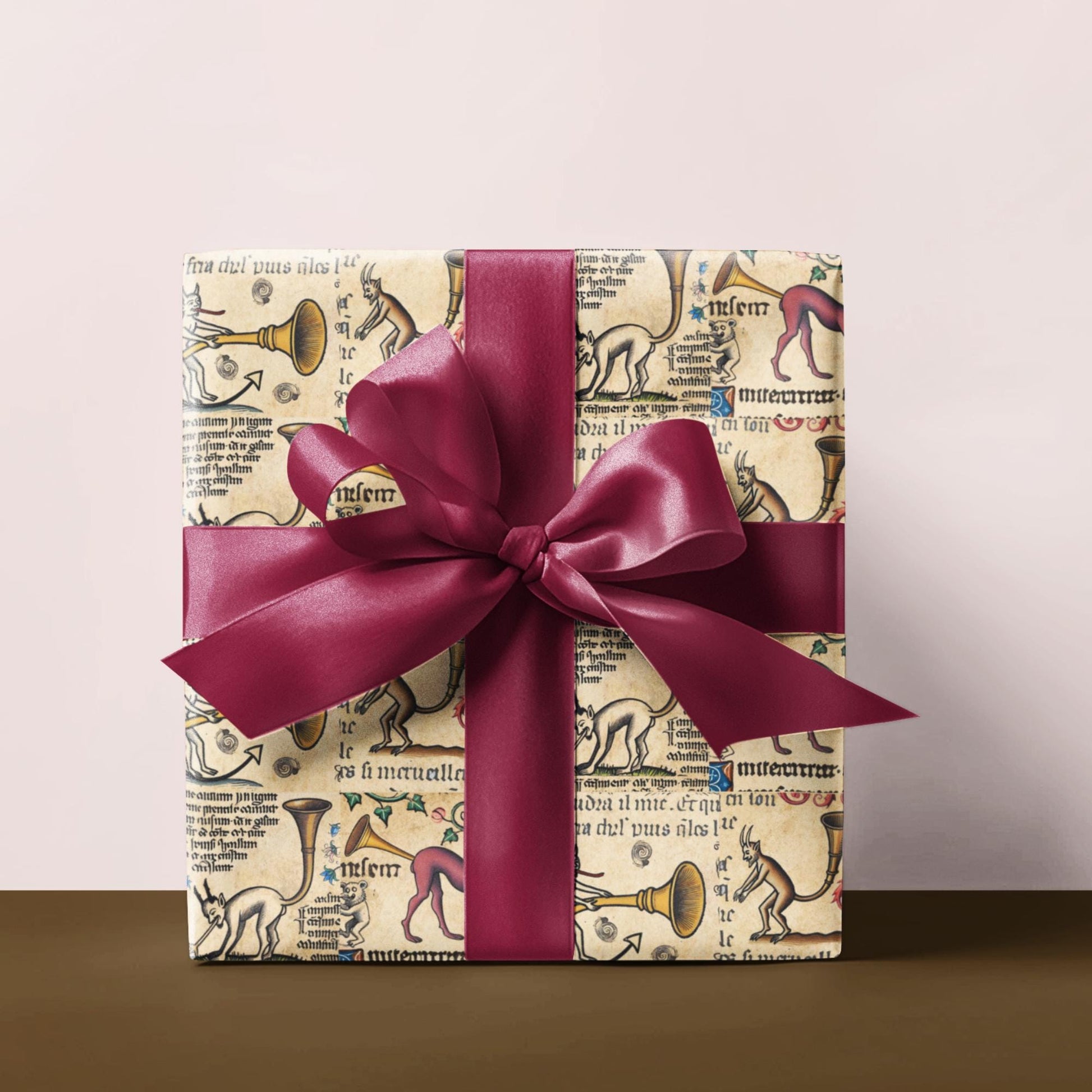 Medieval marginalia trumpet demons design, quirky historical art wrapping paper.