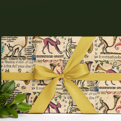 Funny medieval demon blowing trumpet illustration on parchment background, Giclée art wrapping paper.