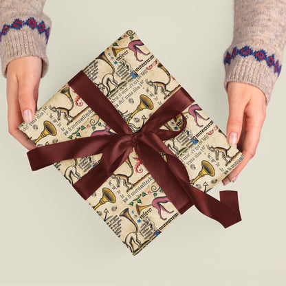 Whimsical illuminated manuscript demons with trumpets on parchment, premium rolled gift wrap.