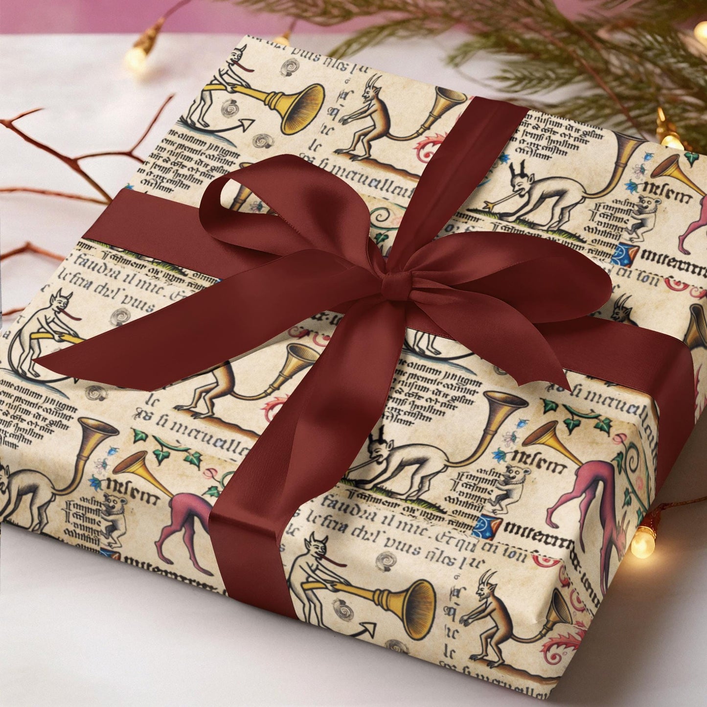 Humorous occult demon manuscript print gift wrap roll with trumpets and medieval calligraphy.