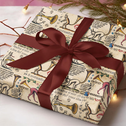 Humorous occult demon manuscript print gift wrap roll with trumpets and medieval calligraphy.
