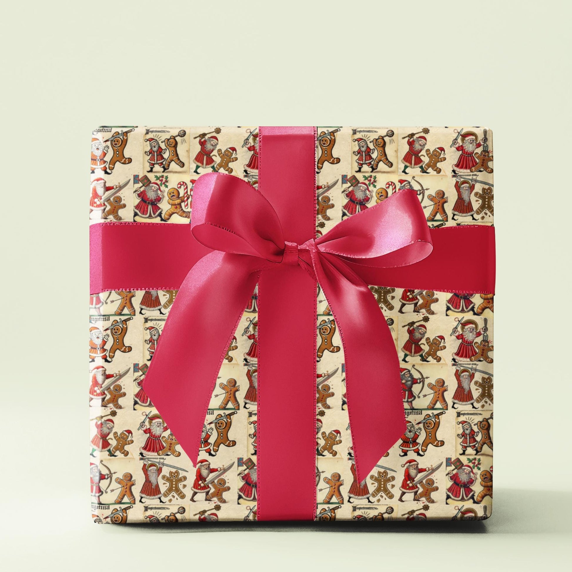 Whimsical medieval festive wrapping paper featuring gingerbread revolt vs Santa.