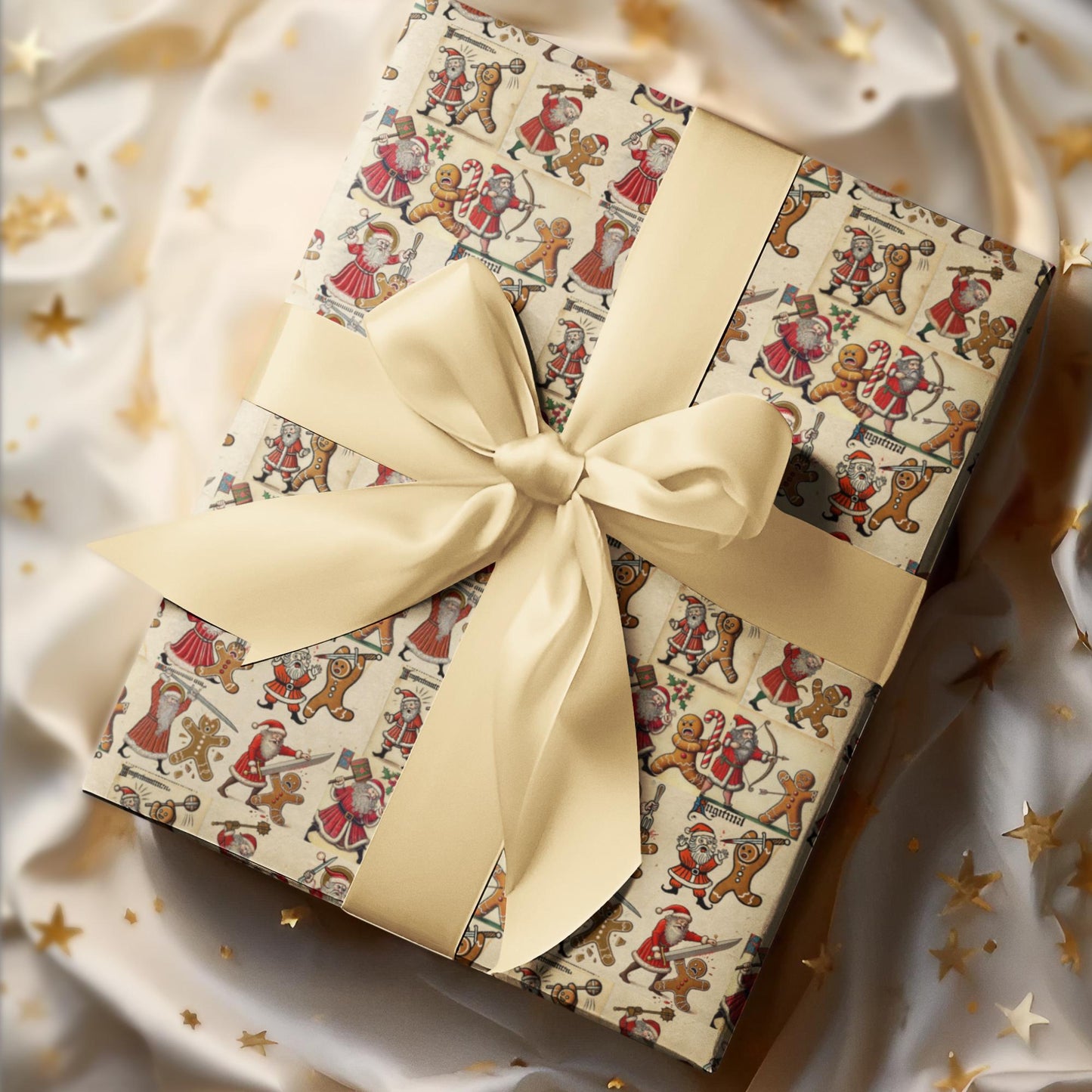 Medieval manuscript Christmas gift wrap, Santa vs gingerbread man design rolled paper.