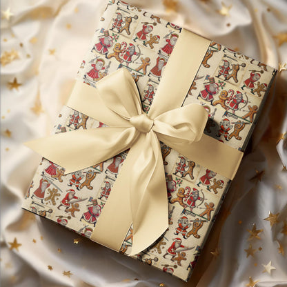 Medieval manuscript Christmas gift wrap, Santa vs gingerbread man design rolled paper.