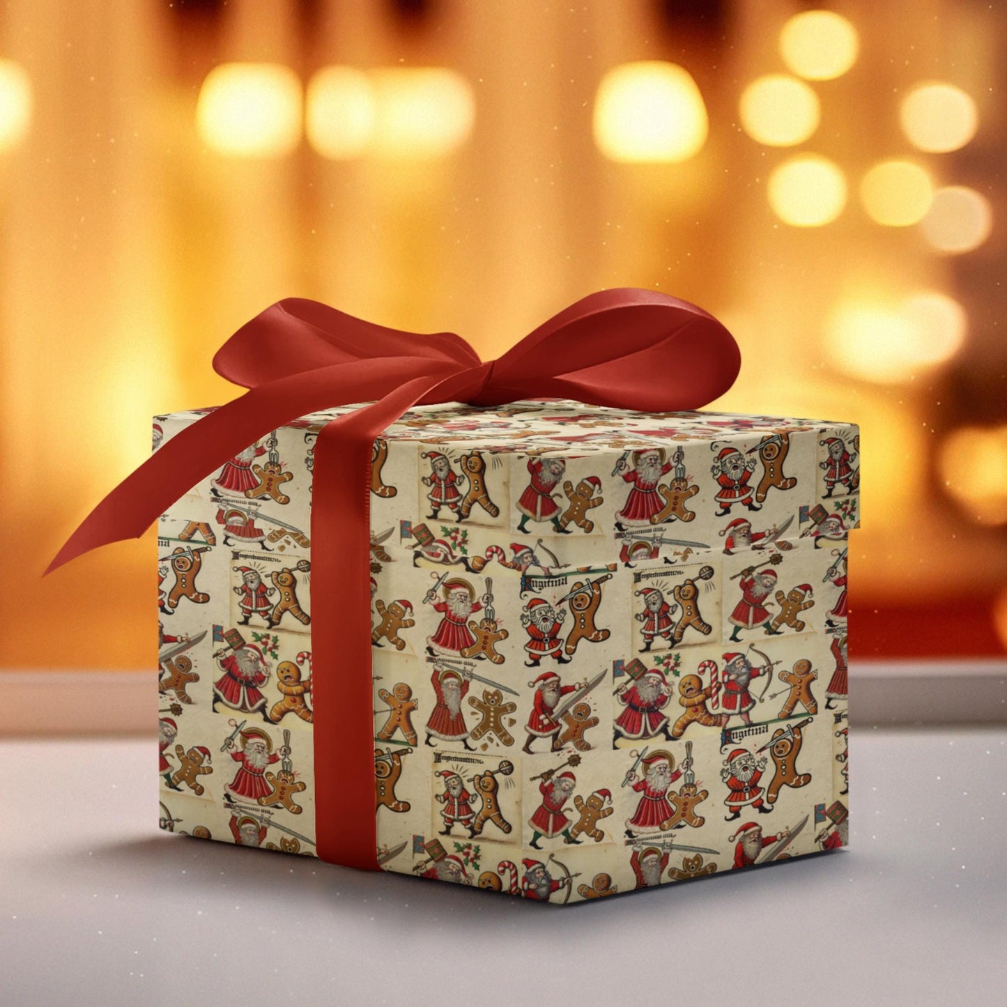 Giclée printed Christmas wrapping paper with Santa and gingerbread combat scenes.
