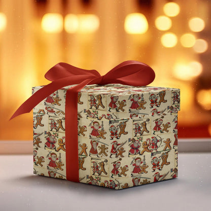 Giclée printed Christmas wrapping paper with Santa and gingerbread combat scenes.