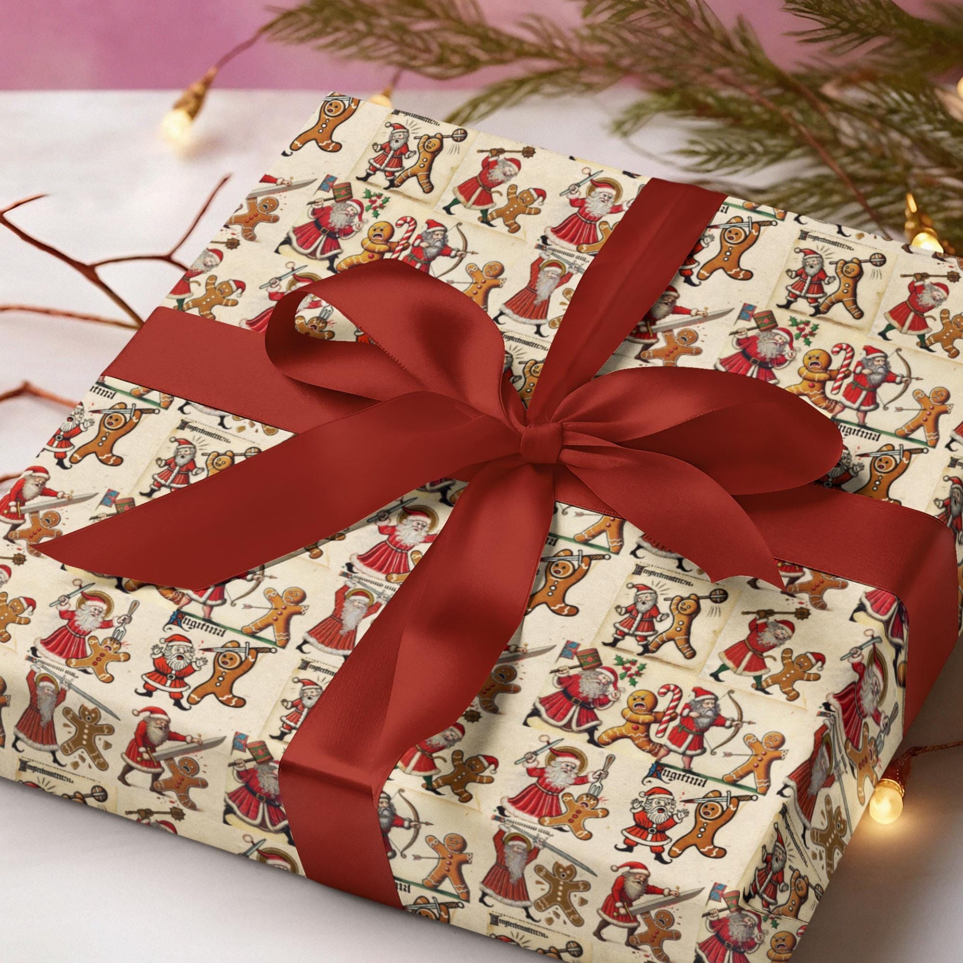 Premium rolled Christmas wrapping paper with medieval Santa battles gingerbread men.