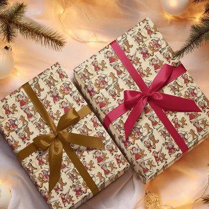 Humorous historical Christmas art wrapping paper, Santa sword fighting gingerbread cookie.