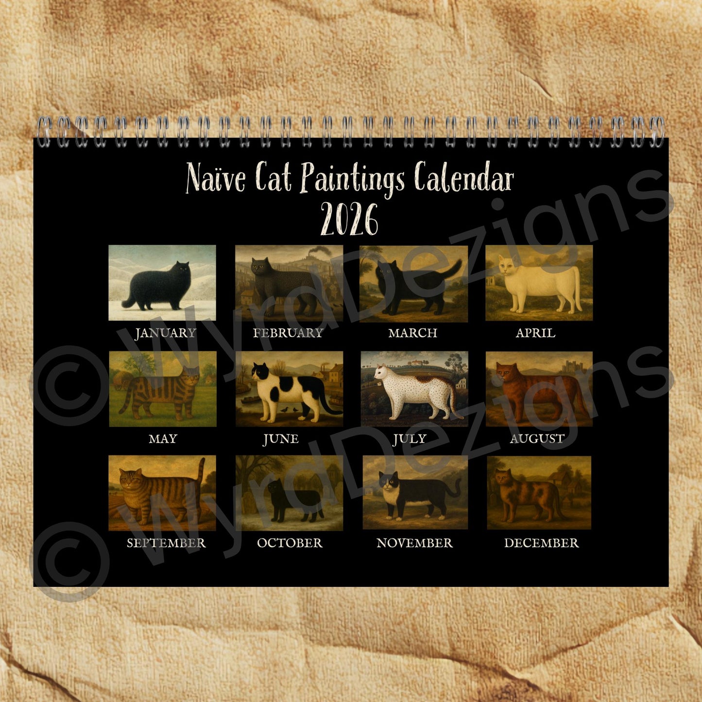 Naïve Cat Paintings 2026 Calendar A5 | Folk Art Cat Calendar | Quirky Cat Lover Gift | Wall Art - Wyrd Dezigns