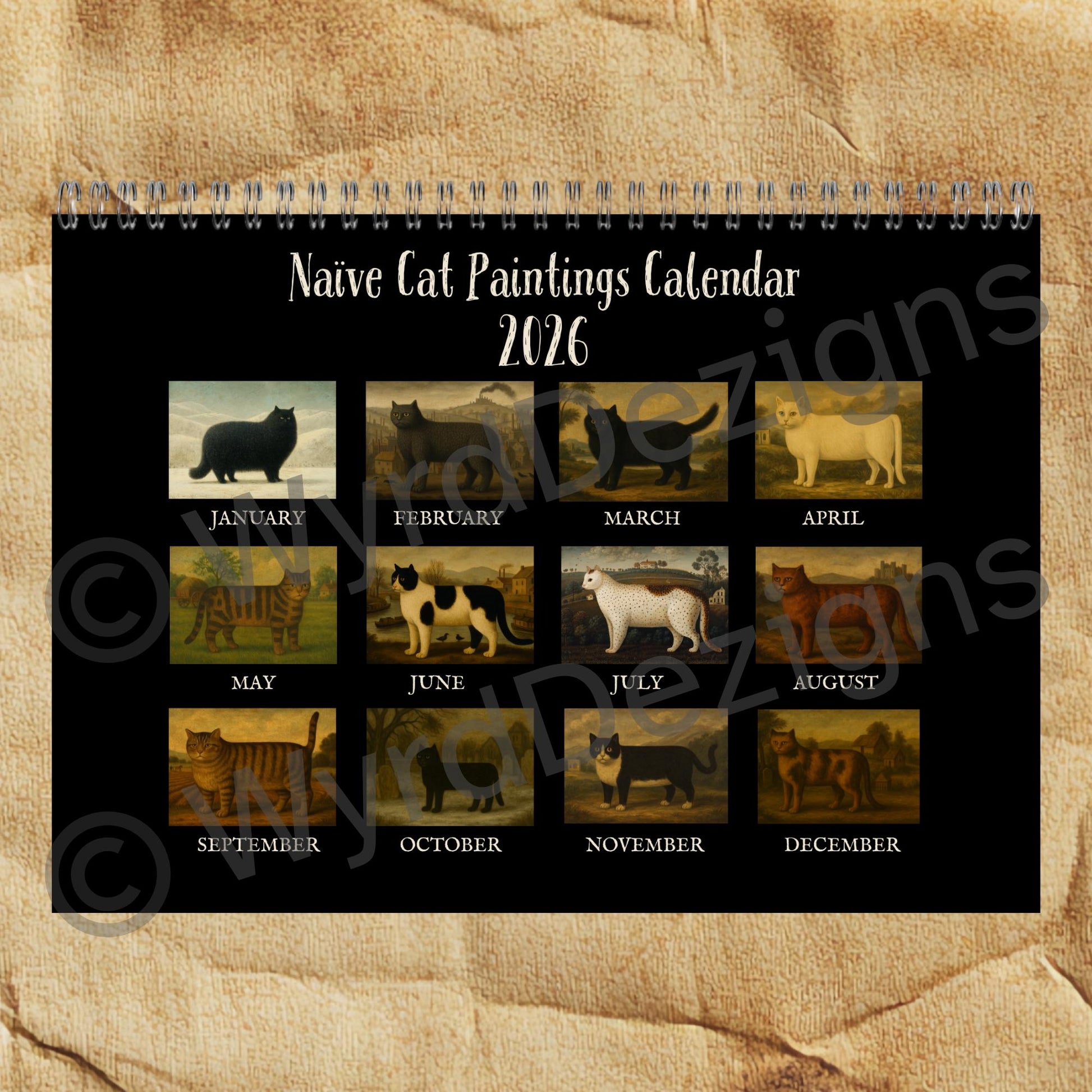 Naïve Cat Paintings 2026 Calendar A5 | Folk Art Cat Calendar | Quirky Cat Lover Gift | Wall Art - Wyrd Dezigns