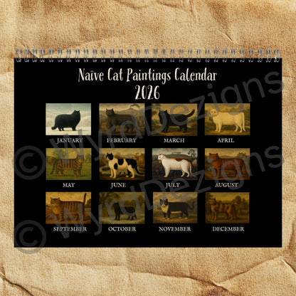 Naïve Cat Paintings 2026 Calendar A5 | Folk Art Cat Calendar | Quirky Cat Lover Gift | Wall Art - Wyrd Dezigns