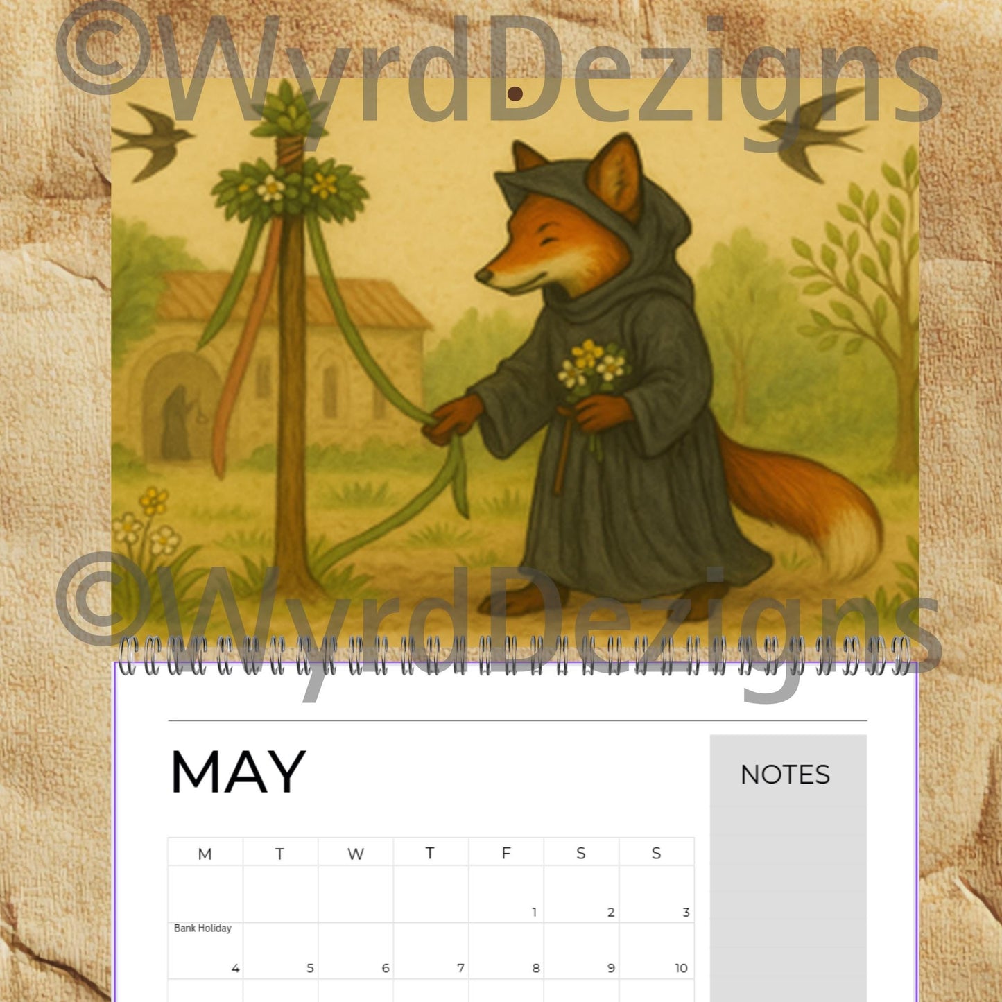 Monastic Fox Calendar 2026 A4 | Medieval Animal Art Wall | Whimsical Fox Monk Illustration Gift - Wyrd Dezigns