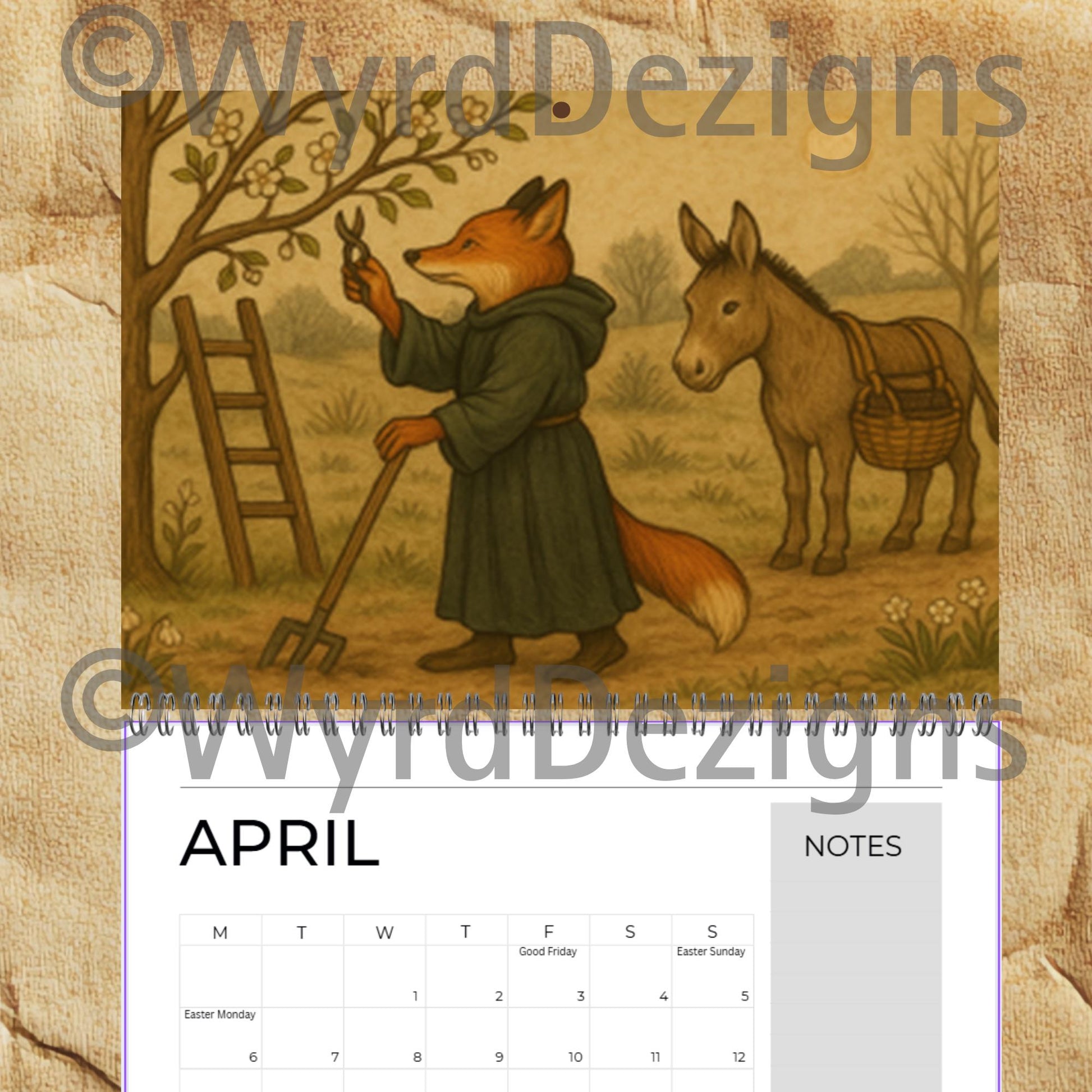 Monastic Fox Calendar 2026 A4 | Medieval Animal Art Wall | Whimsical Fox Monk Illustration Gift - Wyrd Dezigns