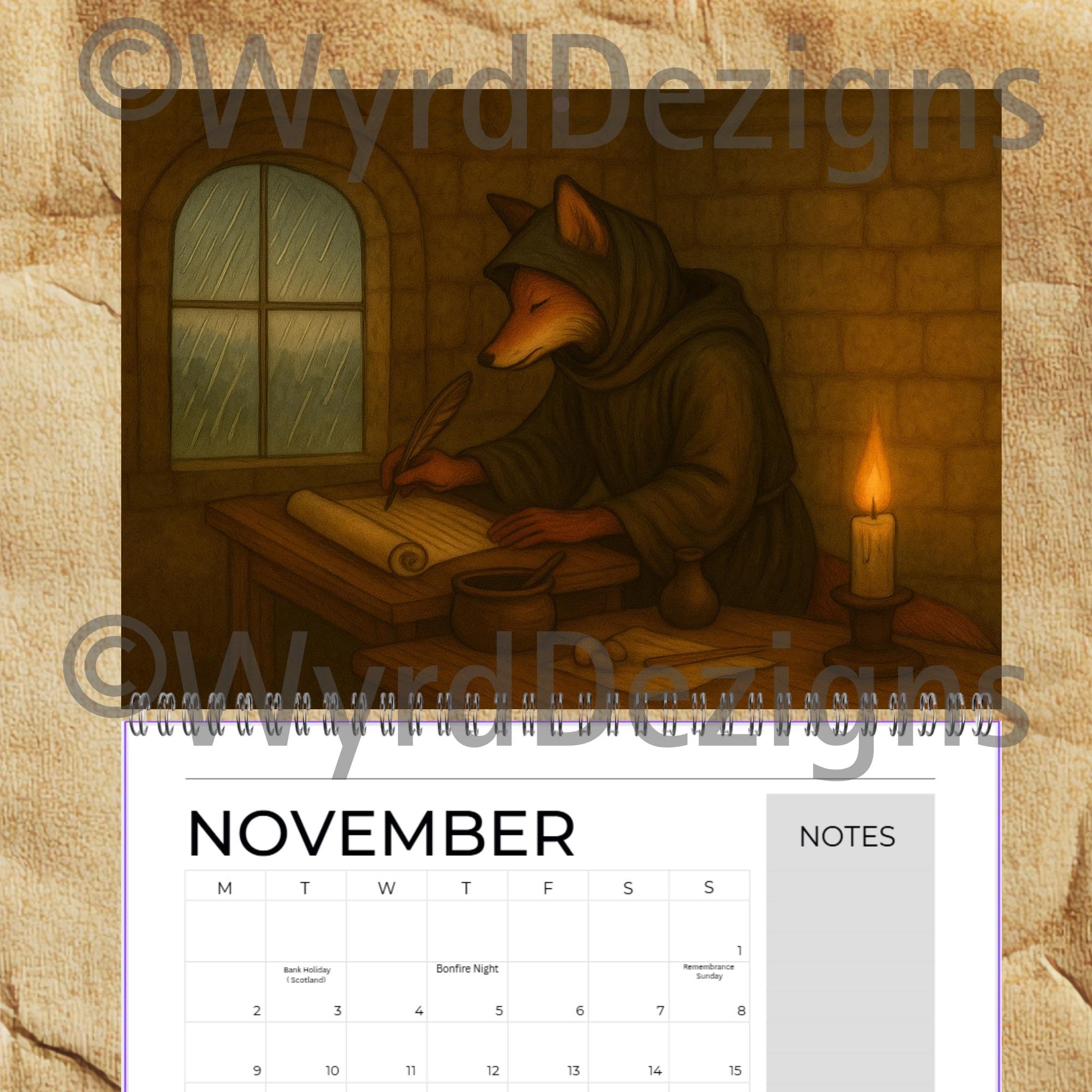 Monastic Fox Calendar 2026 A4 | Medieval Animal Art Wall | Whimsical Fox Monk Illustration Gift - Wyrd Dezigns