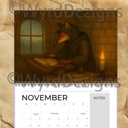 Monastic Fox Calendar 2026 A4 | Medieval Animal Art Wall | Whimsical Fox Monk Illustration Gift - Wyrd Dezigns