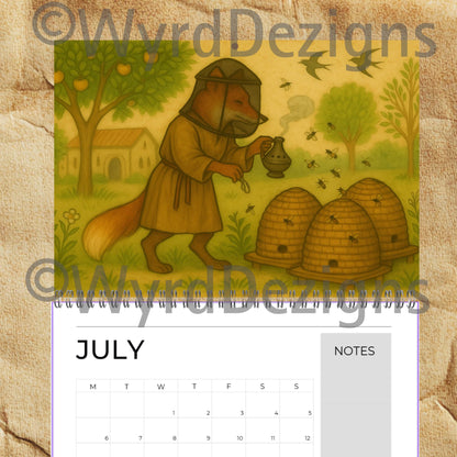 Monastic Fox Calendar 2026 A4 | Medieval Animal Art Wall | Whimsical Fox Monk Illustration Gift - Wyrd Dezigns