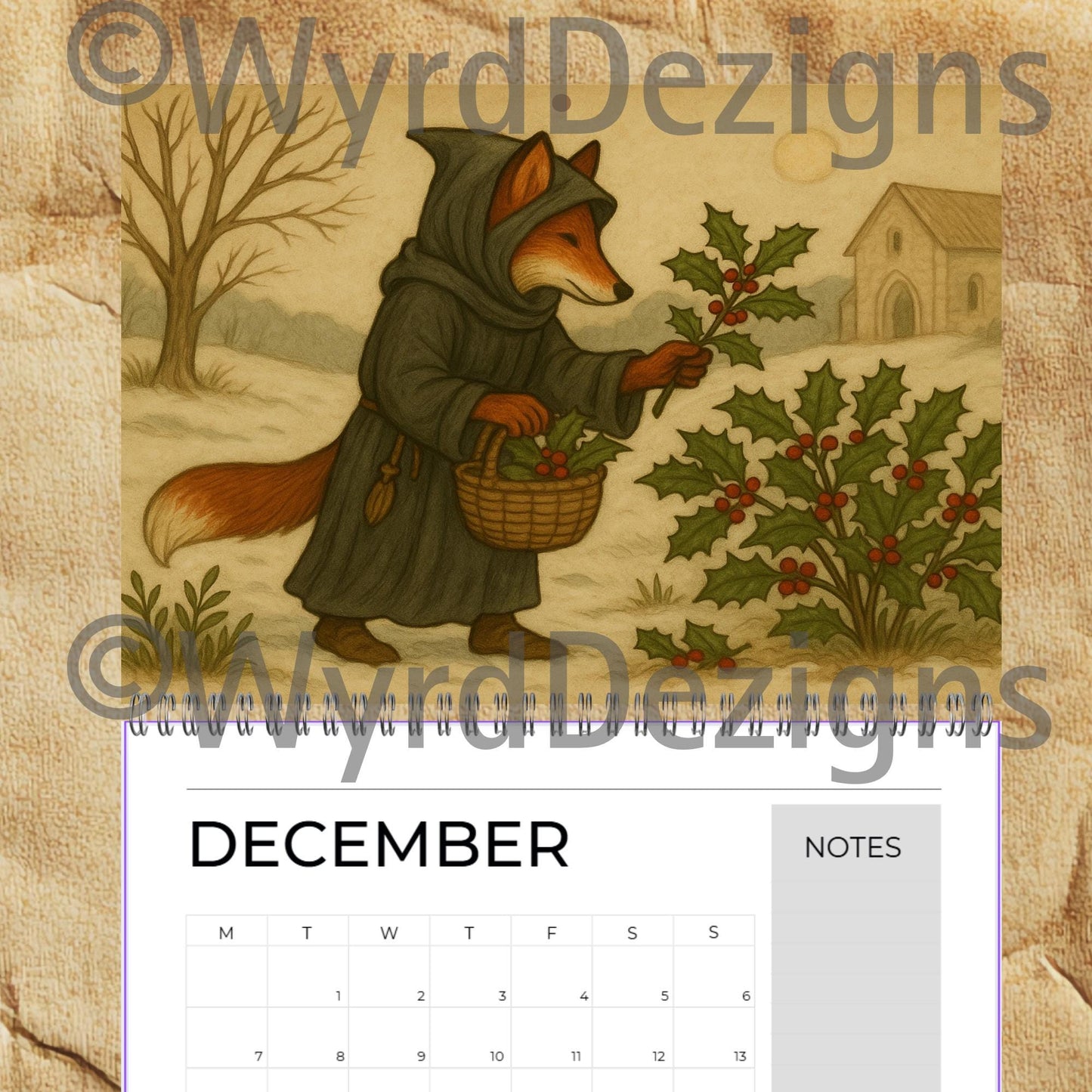 Monastic Fox Calendar 2026 A4 | Medieval Animal Art Wall | Whimsical Fox Monk Illustration Gift - Wyrd Dezigns