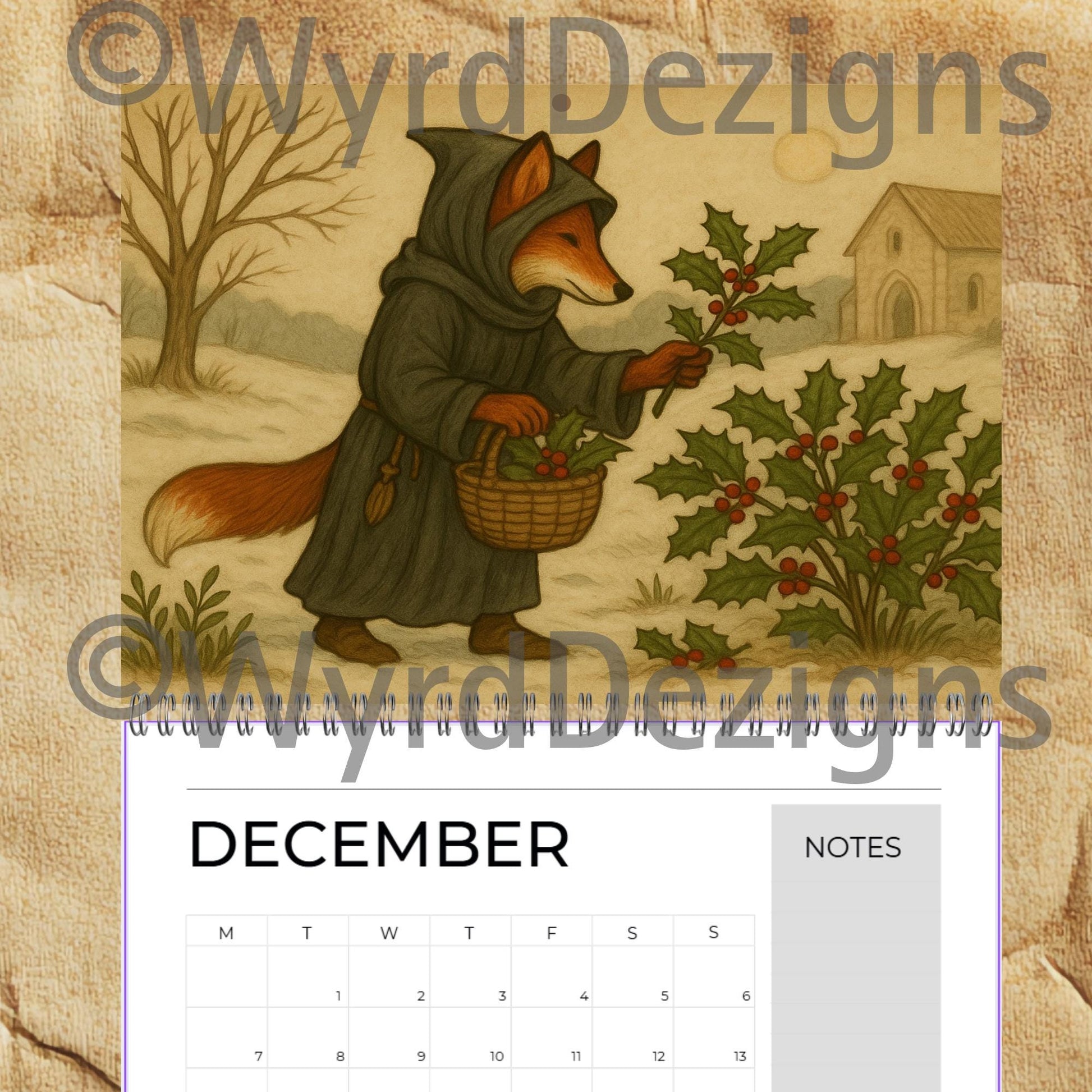 Monastic Fox Calendar 2026 A4 | Medieval Animal Art Wall | Whimsical Fox Monk Illustration Gift - Wyrd Dezigns