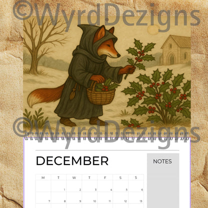 Monastic Fox Calendar 2026 A4 | Medieval Animal Art Wall | Whimsical Fox Monk Illustration Gift - Wyrd Dezigns