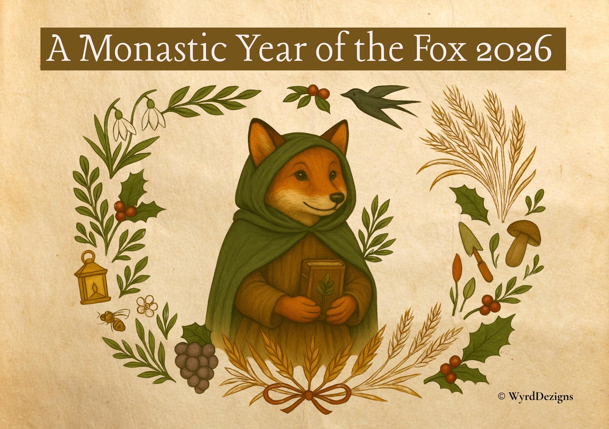 Monastic Fox Calendar 2026 A4 | Medieval Animal Art Wall | Whimsical Fox Monk Illustration Gift - Wyrd Dezigns