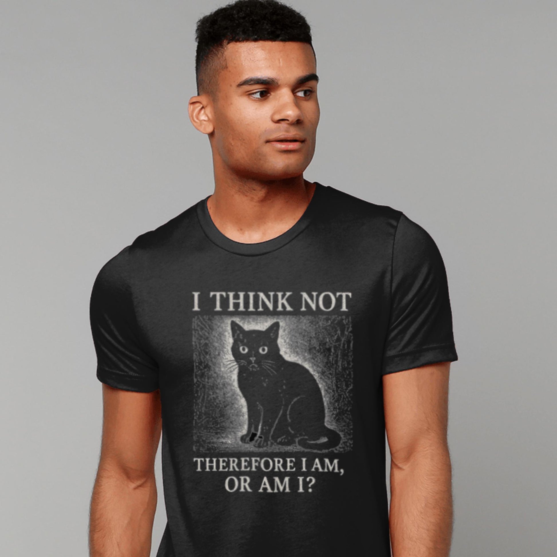 Funny Black Cat T-Shirt – I Think Not Philosophical Meme Tee, Absurdist Vintage Style - Wyrd Dezigns