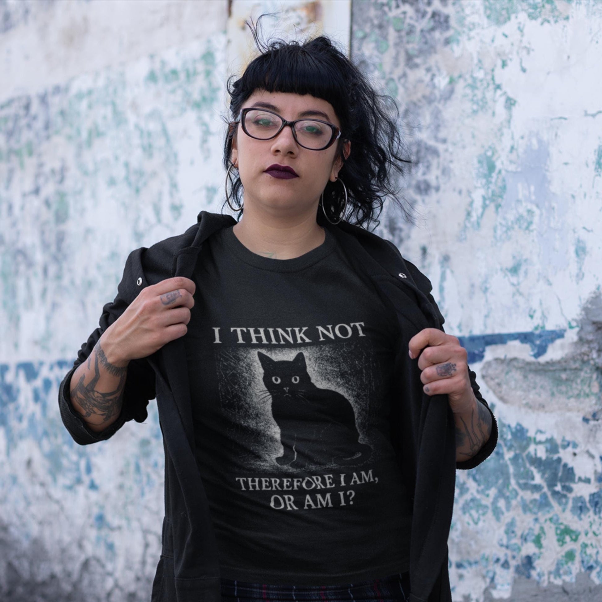 Funny Black Cat T-Shirt – I Think Not Philosophical Meme Tee, Absurdist Vintage Style - Wyrd Dezigns