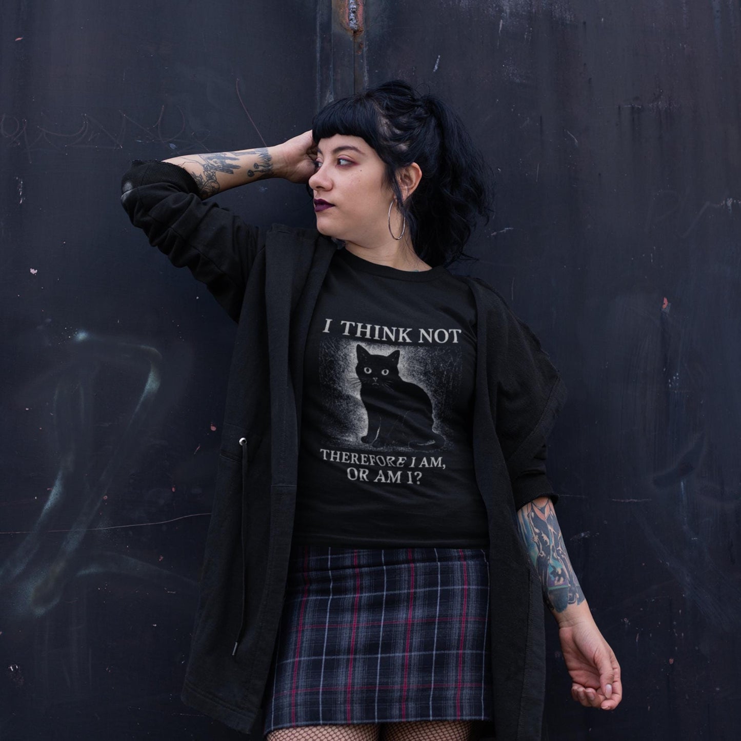 Funny Black Cat T-Shirt – I Think Not Philosophical Meme Tee, Absurdist Vintage Style - Wyrd Dezigns