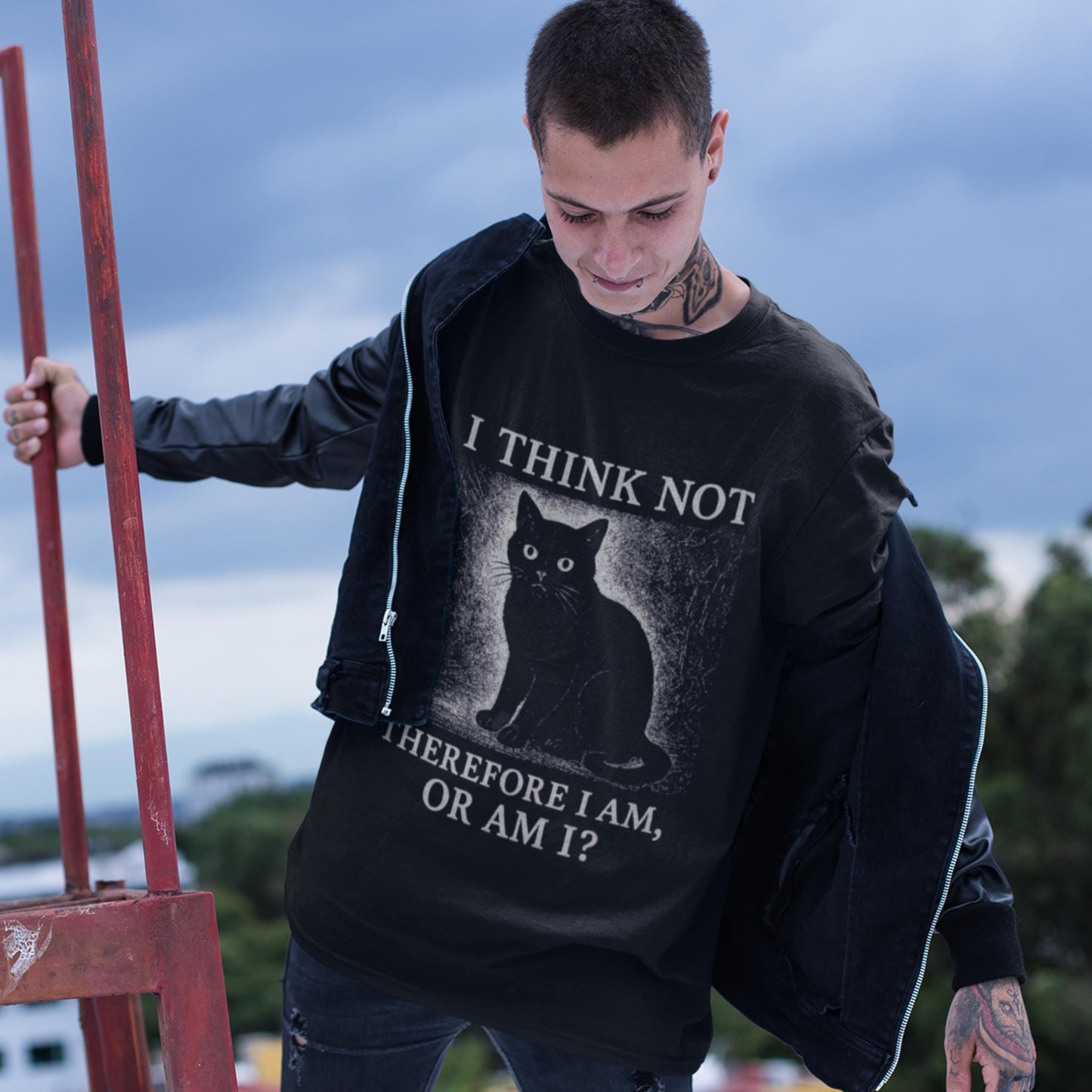 Funny Black Cat T-Shirt – I Think Not Philosophical Meme Tee, Absurdist Vintage Style - Wyrd Dezigns